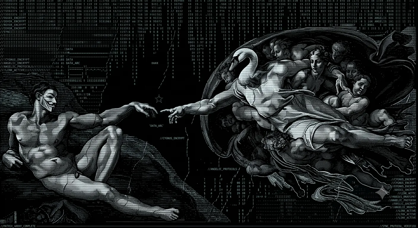 A digitized reimagining of the Creation of Adam: a swan of light reaches across a field of streaming code toward a masked figure.